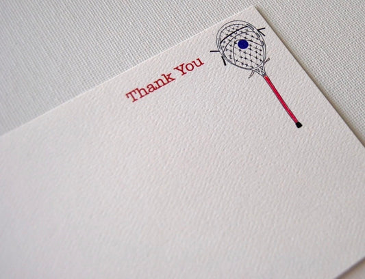 Thank you note card with illustrated tennis racket and textured white background