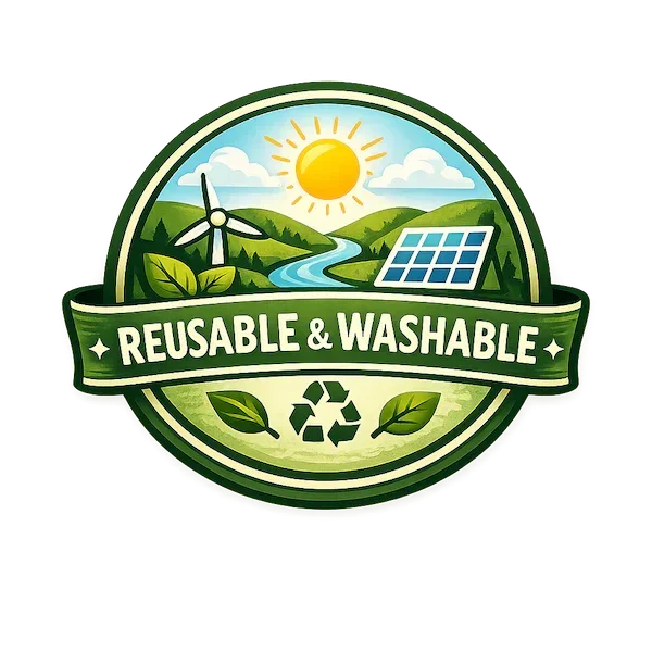 Eco-friendly badge with reusable washable label, solar panel, wind turbine, and recycling symbol