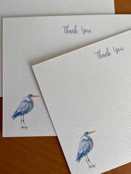 Nature-inspired thank you note cards with watercolor heron illustration on textured paper