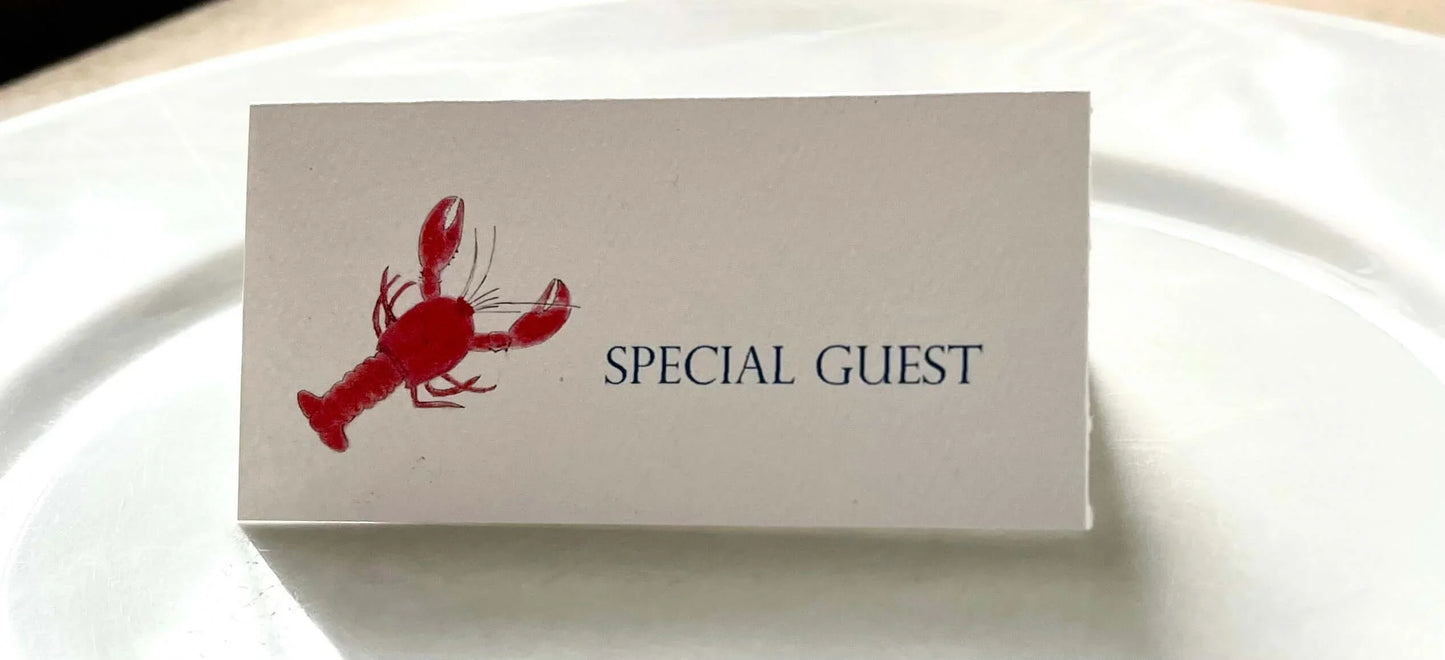 Lobster themed place card with 'Special Guest' text, eco-friendly paper goods by Happenstance Creations