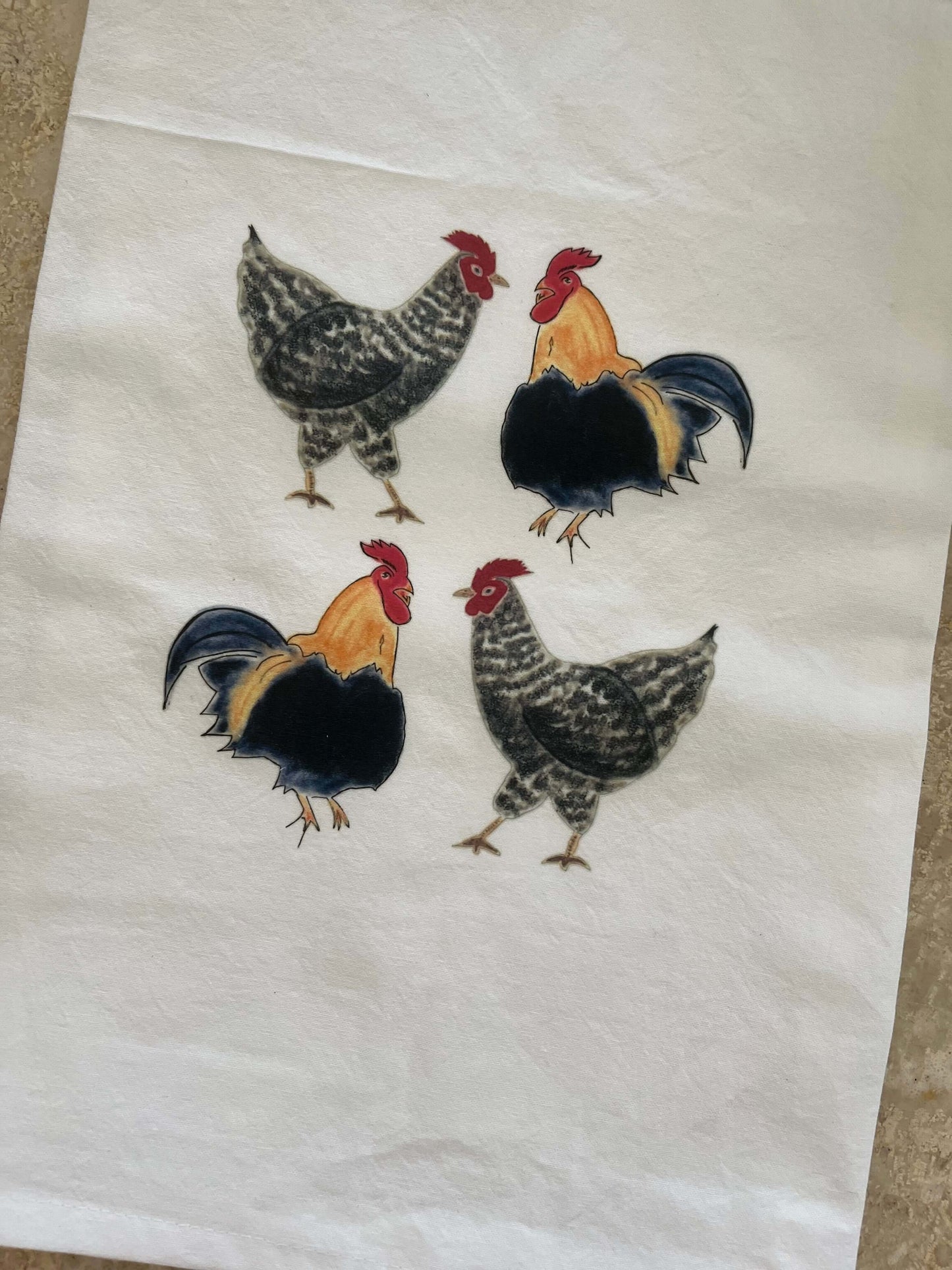 farmhouse rooster and hen tea towel