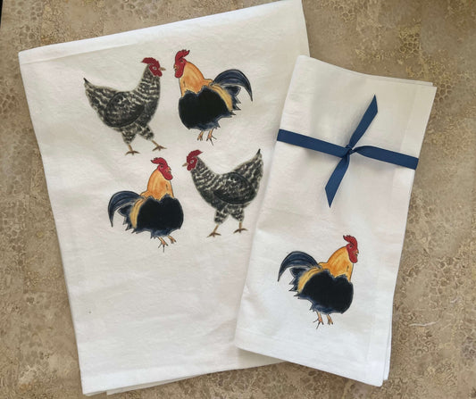 farmhouse rooster and hen tea towel and napkins