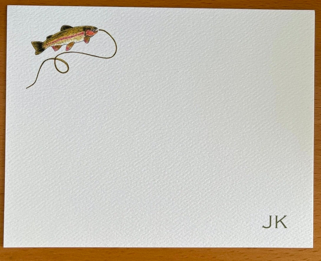 Illustrated note card with a trout and fishing line design, monogrammed initials JK