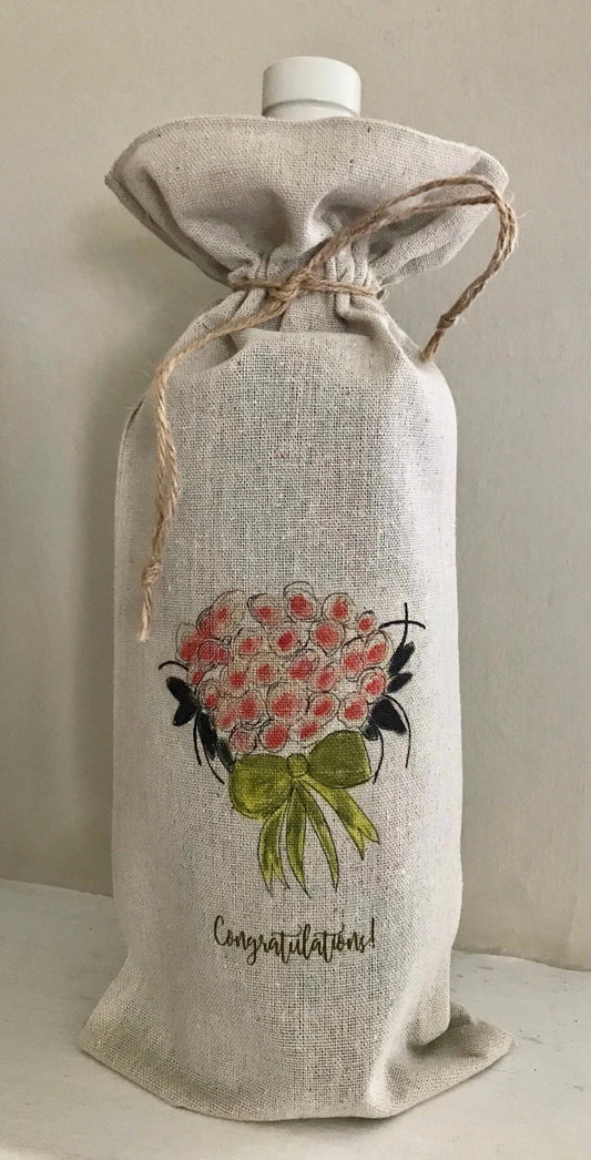 Linen wine bottle bag with illustrated floral bouquet and 'Congratulations!' text