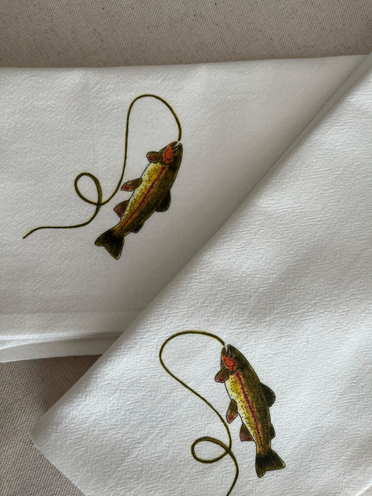 Eco-friendly cloth napkins with hand-drawn fish illustration by Happenstance Creations