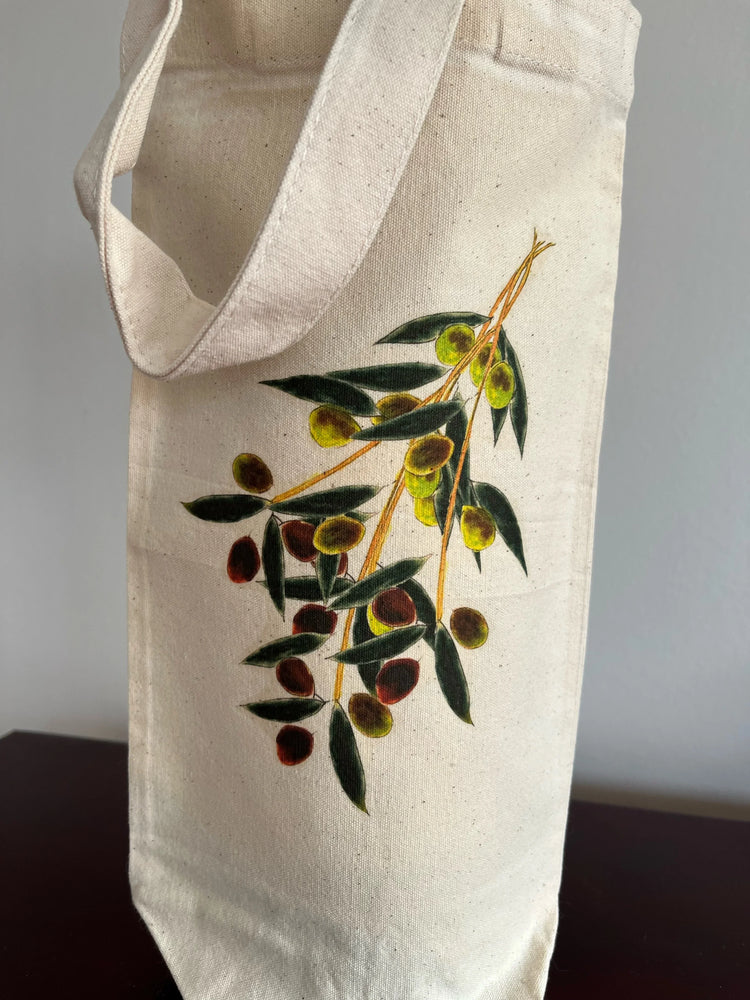 Eco-friendly canvas tote with hand-painted olive branch design by Happenstance Creations
