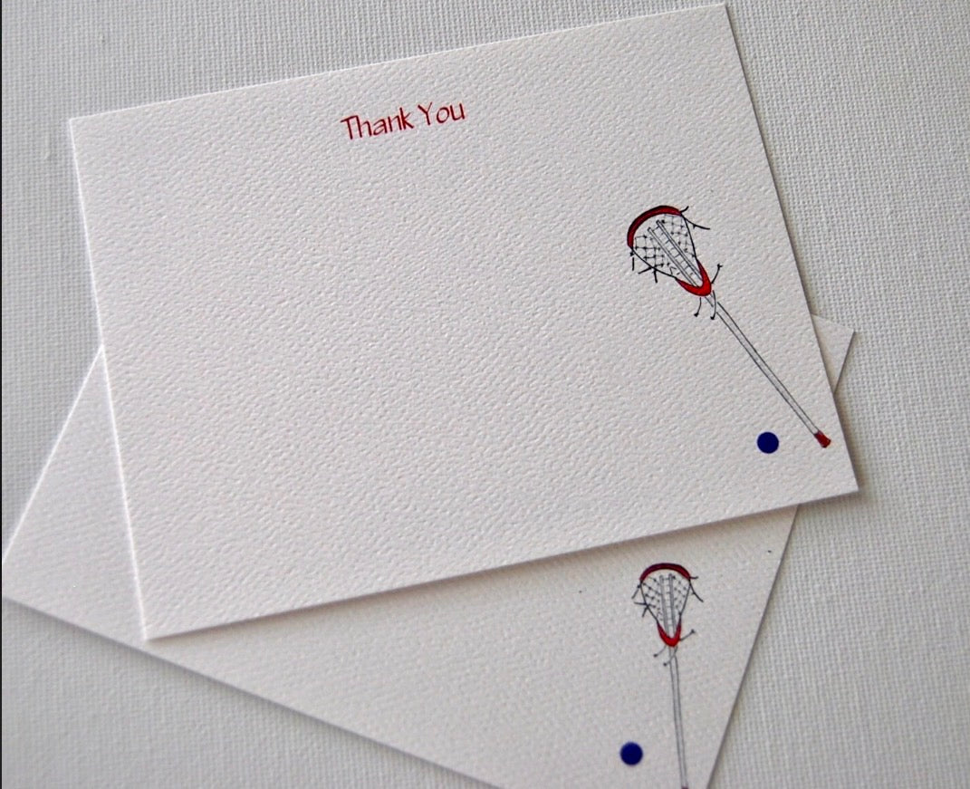 Thank you note cards with red text and lacrosse stick illustration on textured white paper