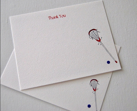 Thank you note cards with red text and lacrosse stick illustration on textured white paper