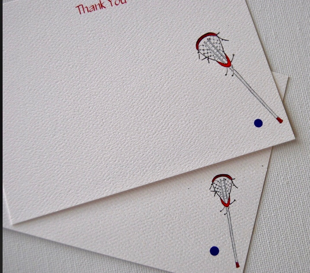 Lacrosse illustrated thank you note cards on textured white paper