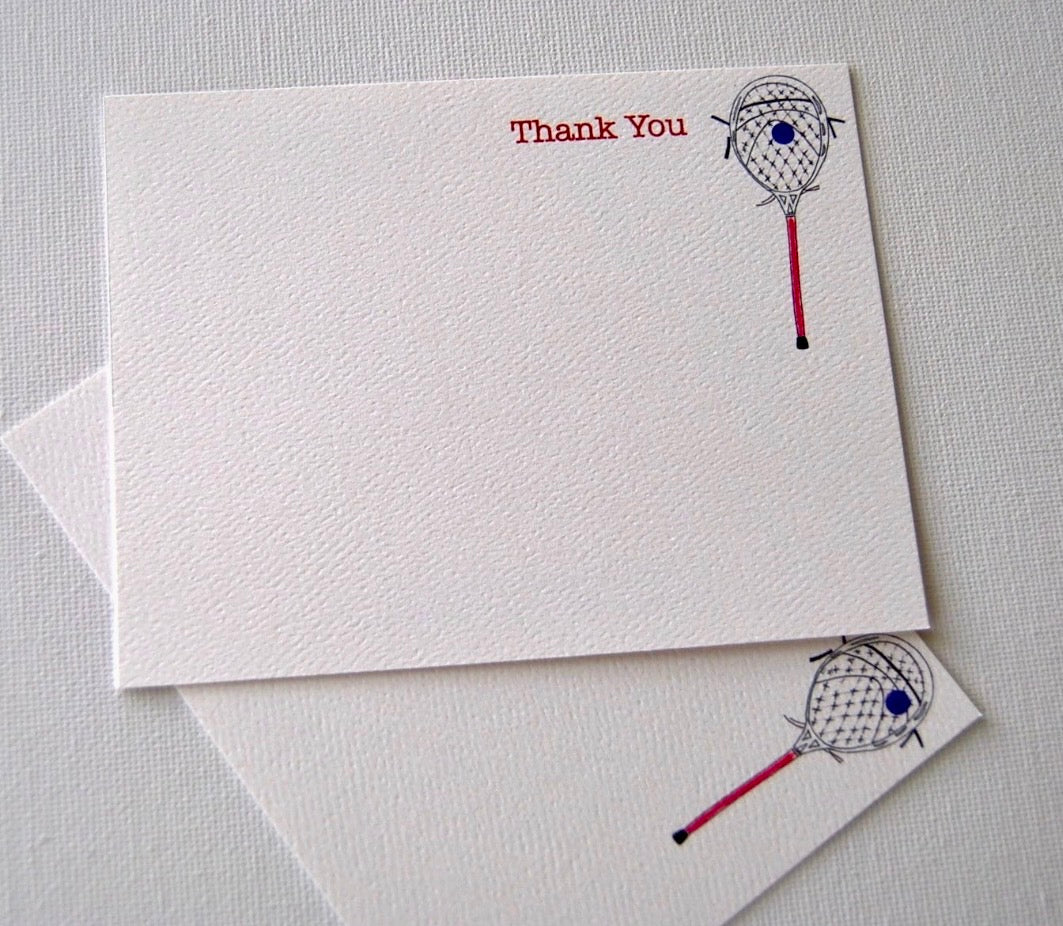 Thank you note card with tennis racket illustration on textured white paper