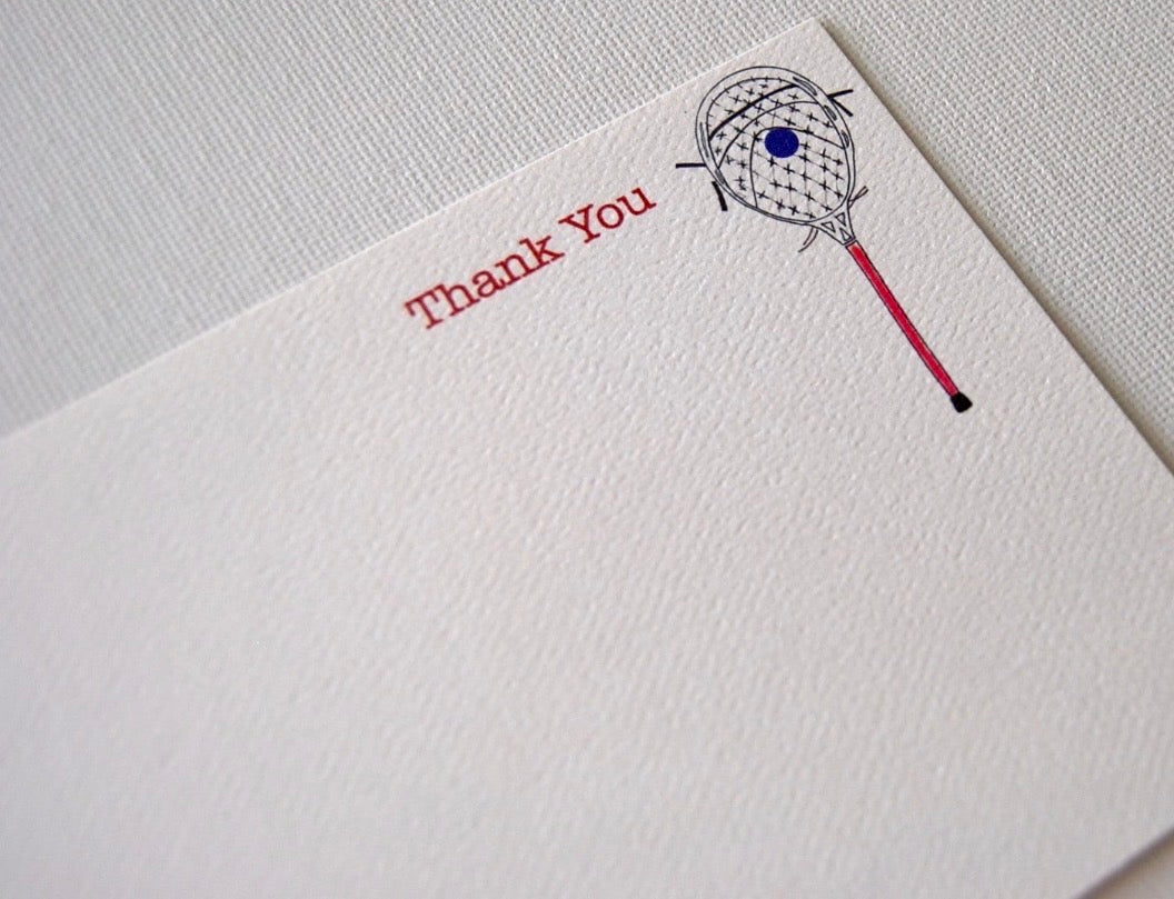 Thank you note card with illustrated tennis racket and textured white background