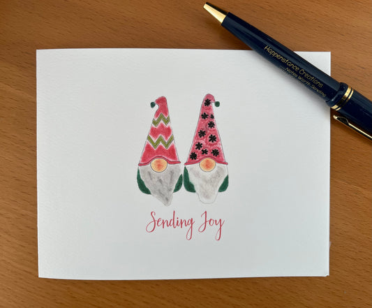 Festive gnome note card with 'Sending Joy' text, perfect for holiday greetings and artful entertaining.