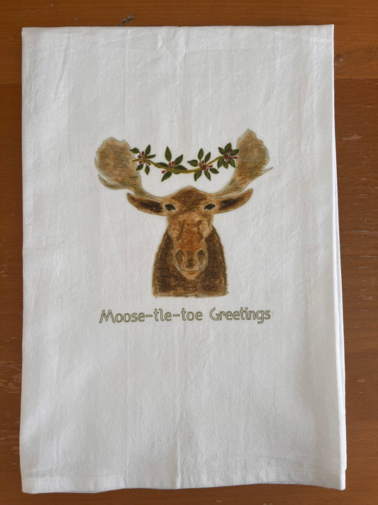 Moose-themed tea towel with festive wreath and 'Moose-tle-toe Greetings' text for nature-inspired decor