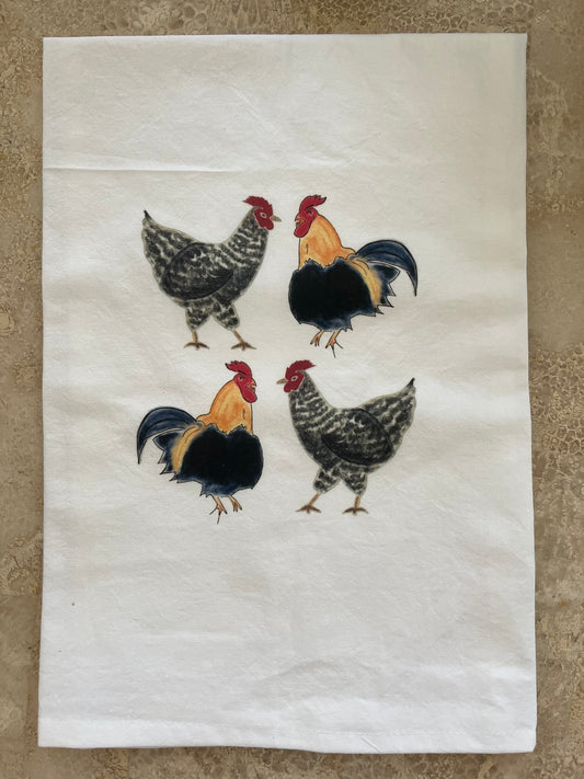 Rise and Shine Rooster and Hen Tea Towel- Brighten Up The Kitchen Tea Towel- Barnyard Birds Breakfast Tea Towel