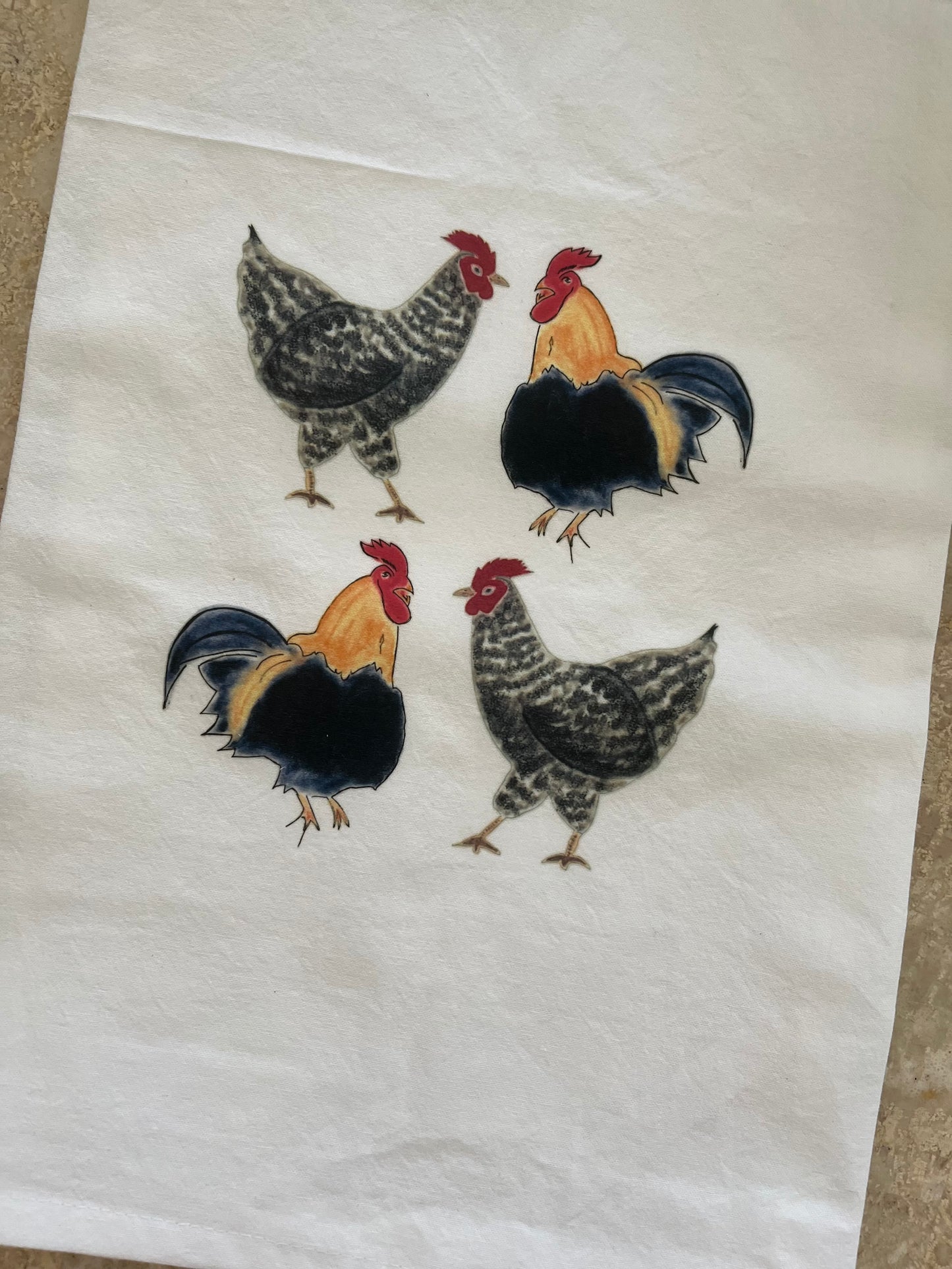 Rise and Shine Rooster and Hen Tea Towel- Brighten Up The Kitchen Tea Towel- Barnyard Birds Breakfast Tea Towel