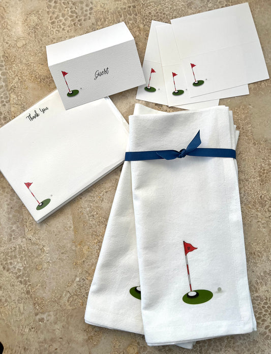 Golf Tournament Gift Set featuring cotton napkins and golf-themed place cards for a memorable event.