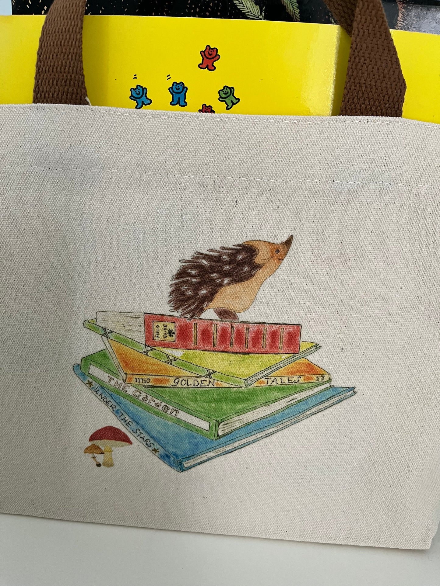 Hedgehog Book Library Bag – Woodland Illustration Canvas Carryall