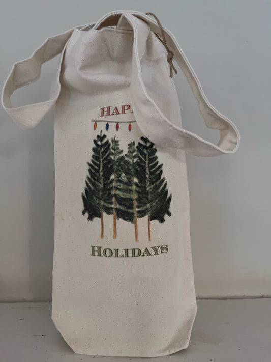 Natural canvas wine bag with 'Happy Holidays' text, pine trees, and festive lights design for holiday gifting.