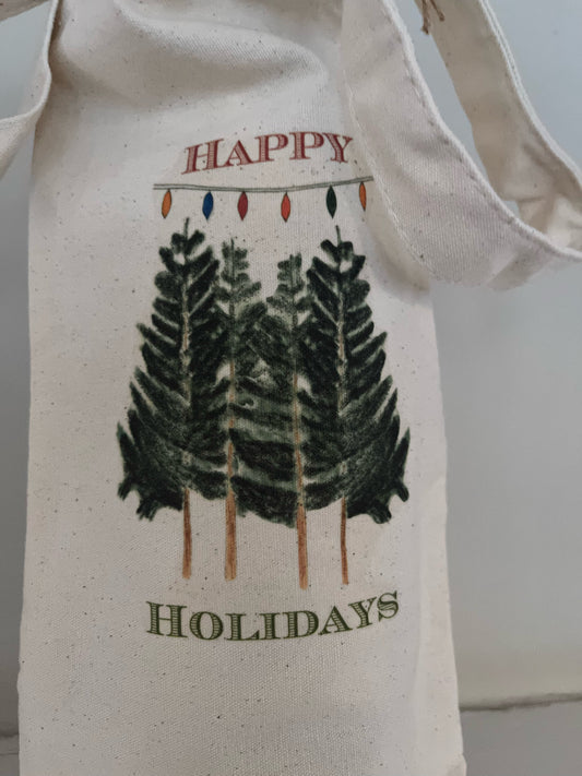 Happy Holidays canvas tote with pine trees and festive lights