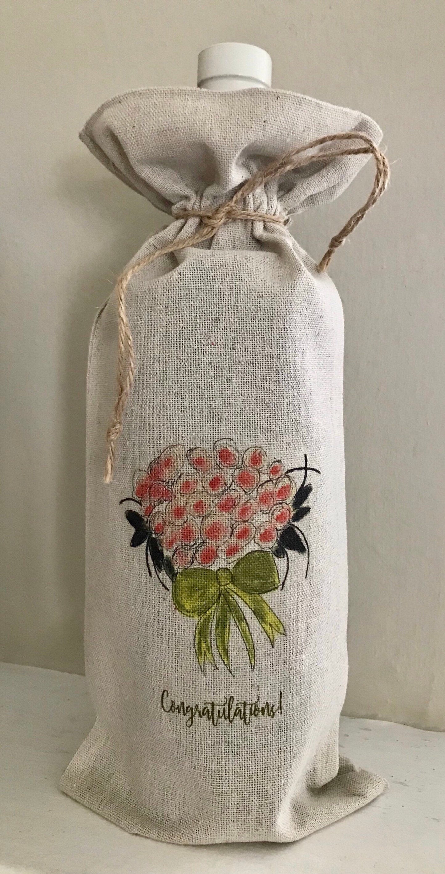 Floral Bouquet Linen Wine Bag With Gift Card.