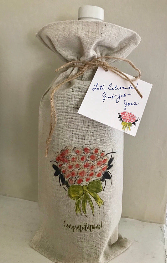 Floral Bouquet Linen Wine Bag With Gift Card.
